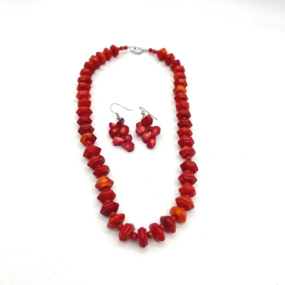 Red Coral Beaded Necklace and Dangle Earring Jewelry‎ Set Southwestern Boho